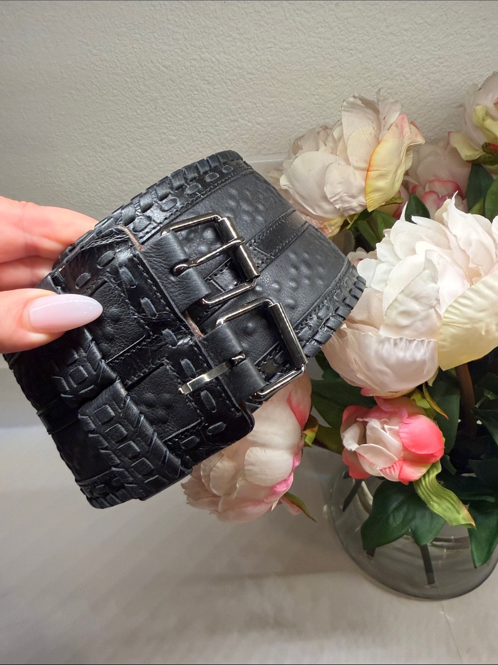 Roberto Cavalli Wide Black Textured Double-Buckle Waist Belt 42/86